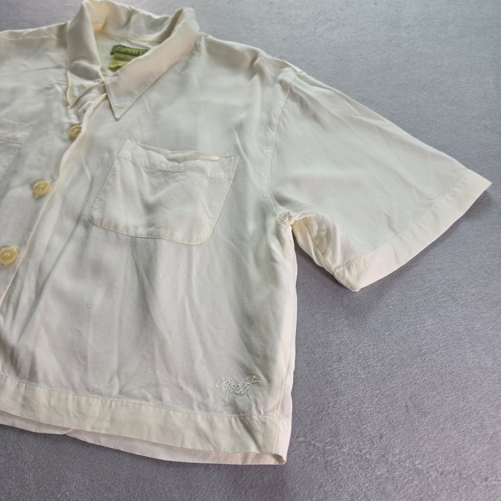 Esprit Essentials Womens Cream Rayon Cropped Short Sleeve Button Down Shirt Med